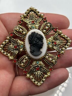 Large Black Cameo Brooch With Pearls And Gems
